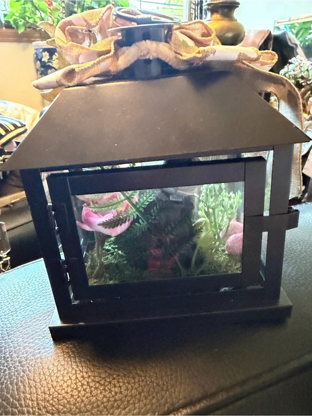 Glass & metal terrarium with artificial flowers and bunny rabbit figurine